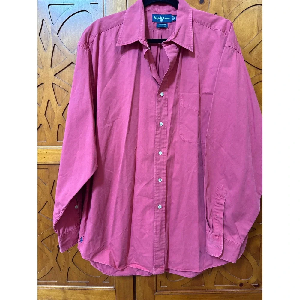 Polo Ralph Lauren Big Shirt Mens Large Pink Cotton Long Sleeve Button Down Logo